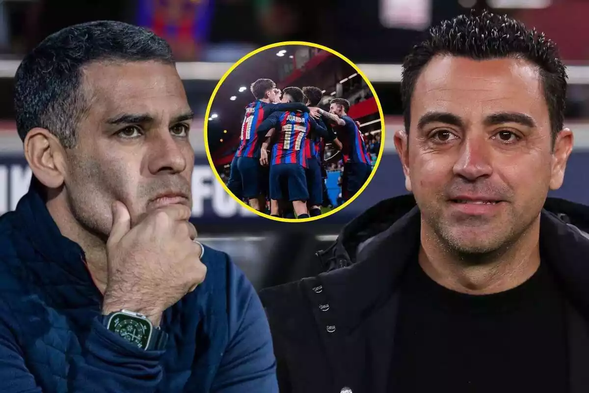 Montaje de Xavi y Rafa Márquez mirando al Barça Atlètic celebrando
