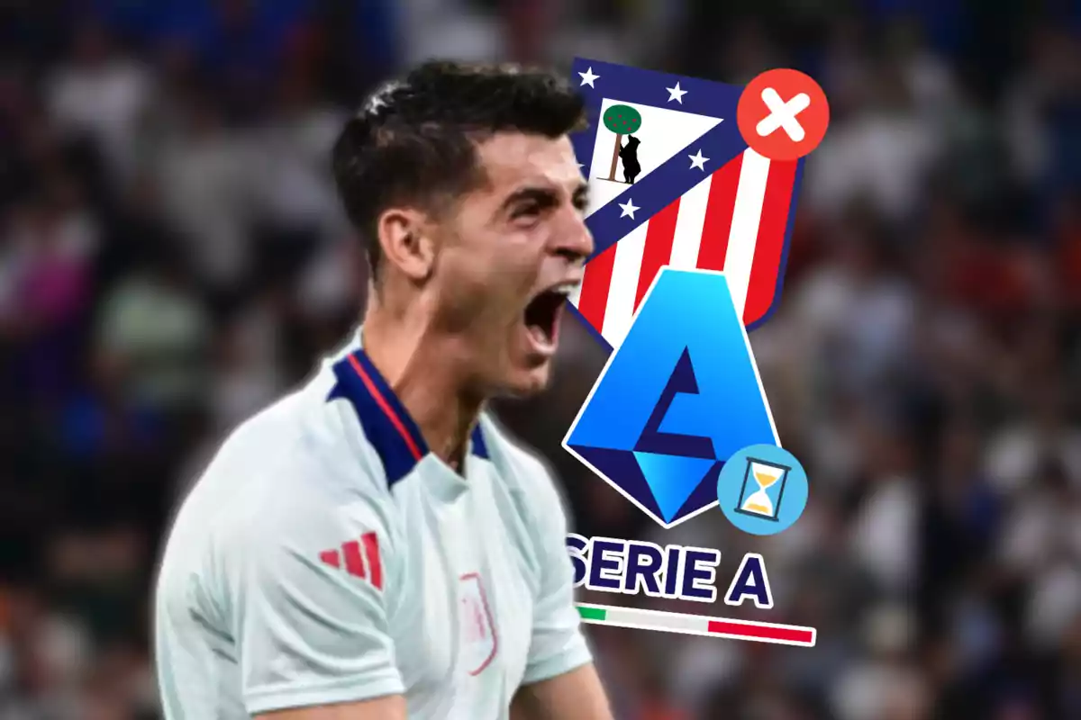 Un jugador de fútbol celebrando con el logo del Atlético de Madrid y de la Serie A superpuestos.