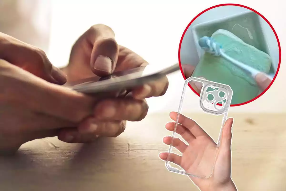 Imagen de fondo de unas manos con un móvil en la mano y otra imagen de una mano con una funda de móvil transparente, y una tercera imagen de una persona limpiando una funda de móvil con un cepillo de dientes