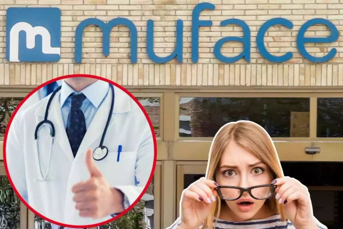 Imagen de fondo de una sede de Muface junto a una imagen de un médico y otra imagen de una mujer con gesto sorprendido