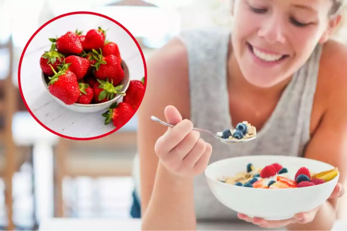 Person smiling while eating a bowl of cereal with fruit, with an inset showing a bowl of strawberries. Person smiling while eating a bowl of cereal with fruit, with an inset showing a bowl of strawberries.