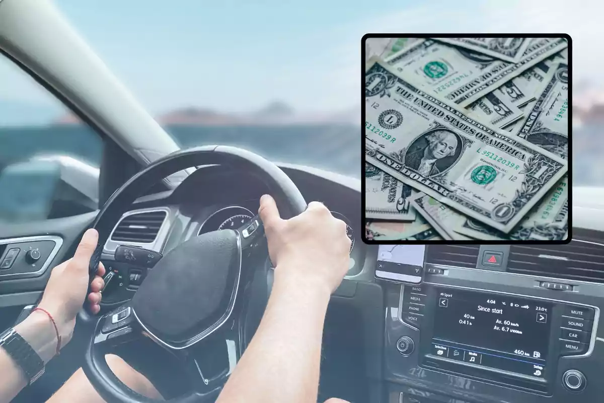 Person driving a car with a box showing several U.S. dollar bills