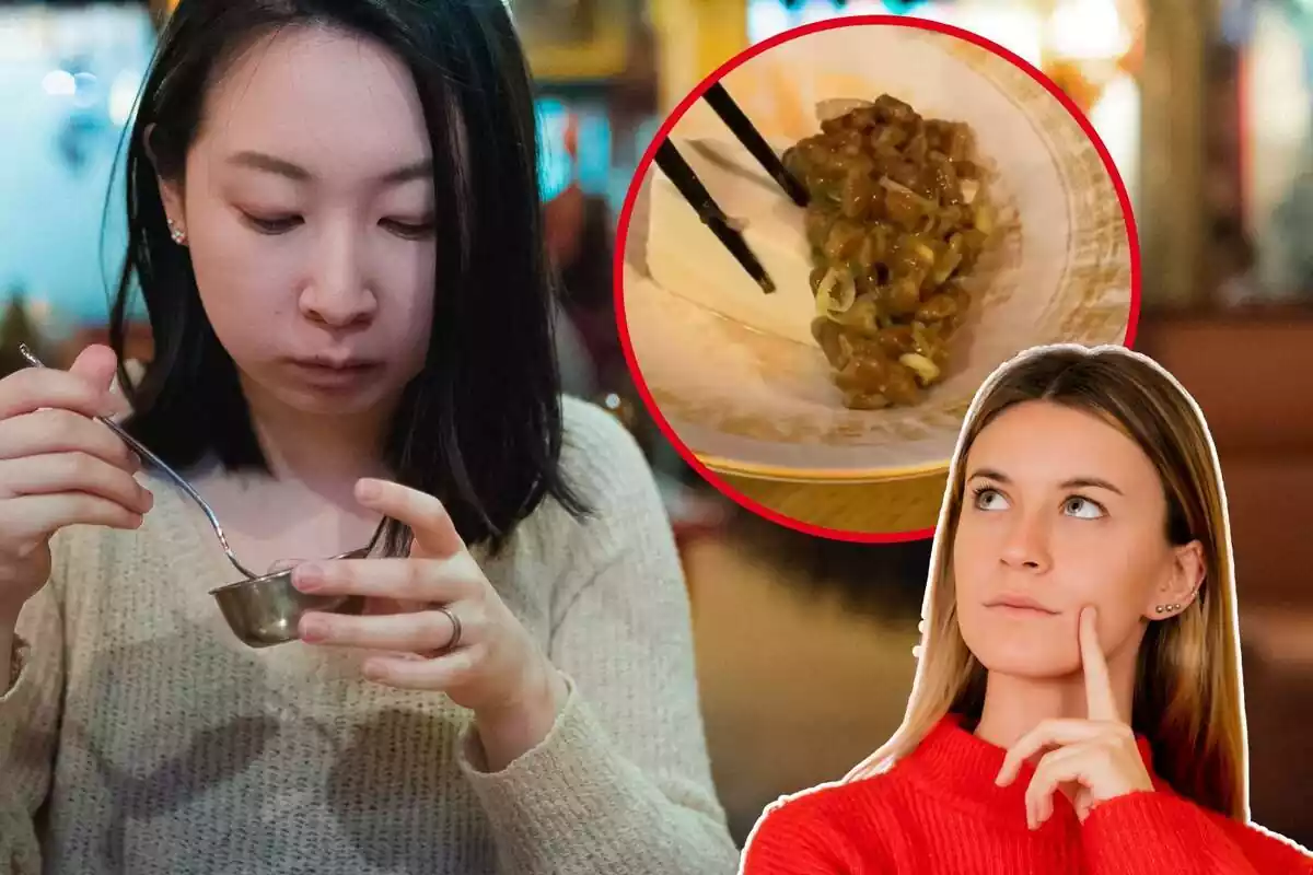 Imagen de fondo de una mujer japonesa comiendo y otra de un plato de natto, junto a una mujer con cara pensativa