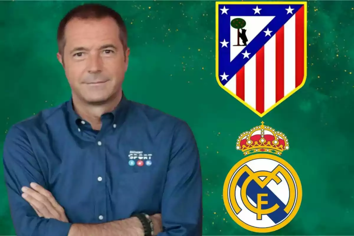 A man in a blue jersey standing next to the Atlético de Madrid and Real Madrid crests on a green background.