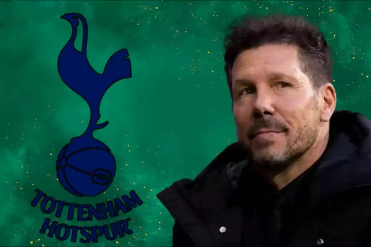 Un hombre con barba y cabello oscuro aparece junto al logo del Tottenham Hotspur sobre un fondo verde con detalles dorados.