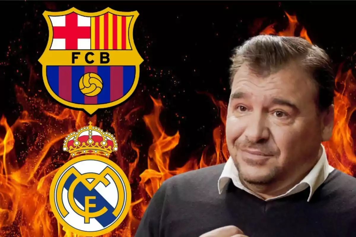 A man with a pensive expression appears next to the crests of FC Barcelona and Real Madrid against a backdrop of flames.