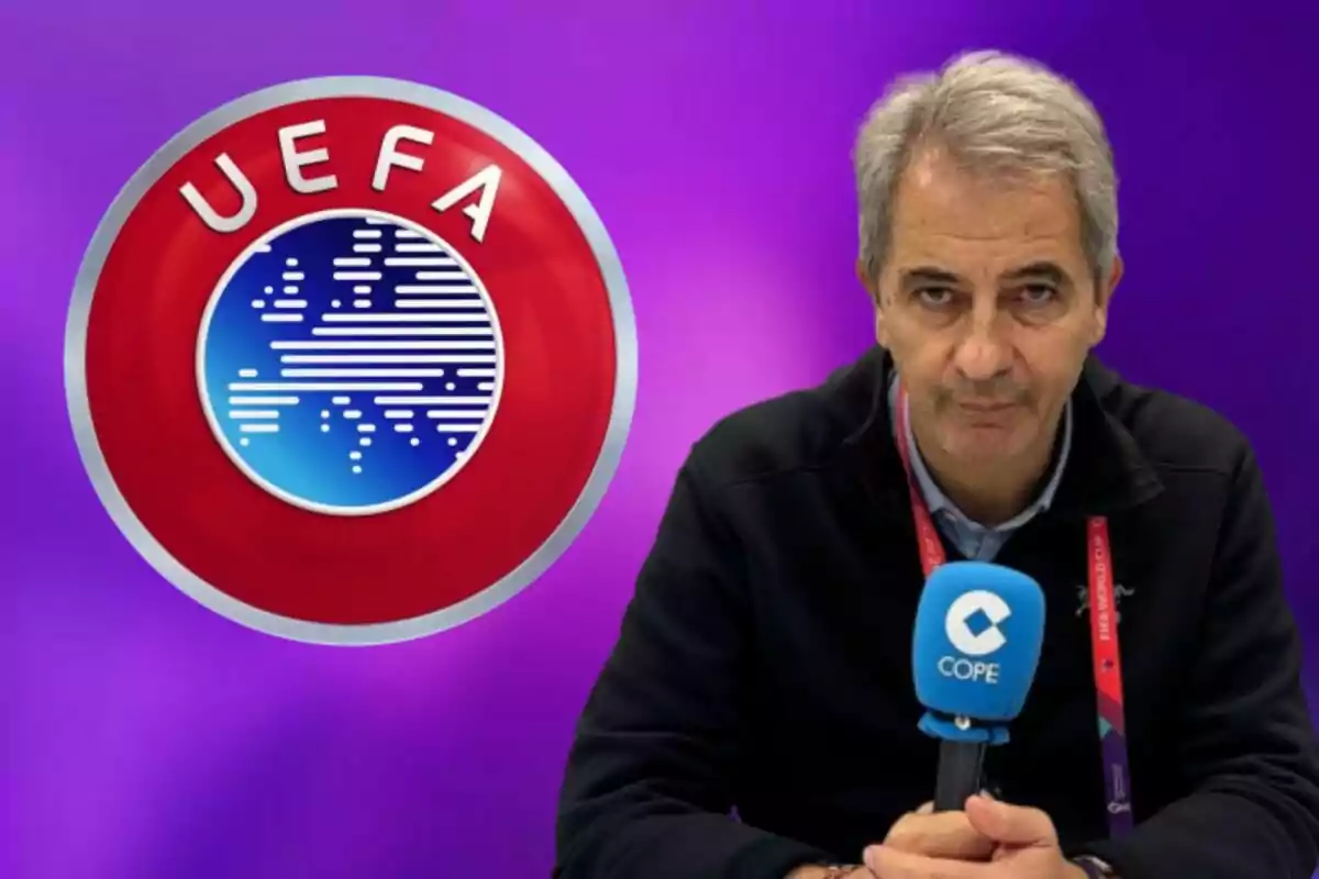 Un hombre con un micrófono de COPE está sentado frente a un fondo morado, junto al logotipo de la UEFA.