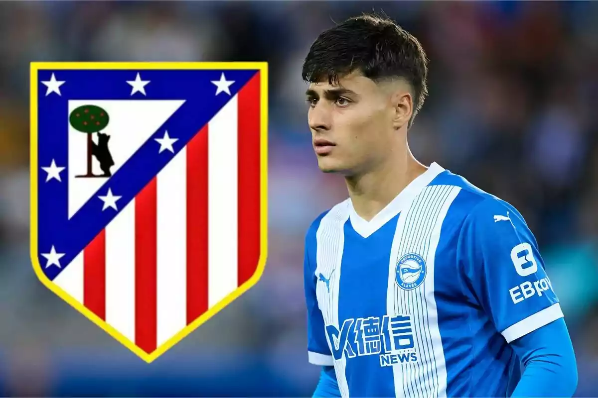 Un jugador de fútbol con el uniforme del Deportivo Alavés junto al escudo del Atlético de Madrid.