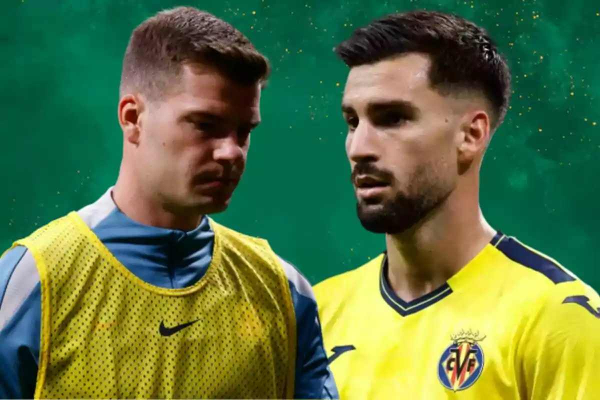 Dos jugadores de fútbol con camisetas deportivas, uno con peto amarillo y otro con camiseta amarilla del Villarreal, sobre un fondo verde.