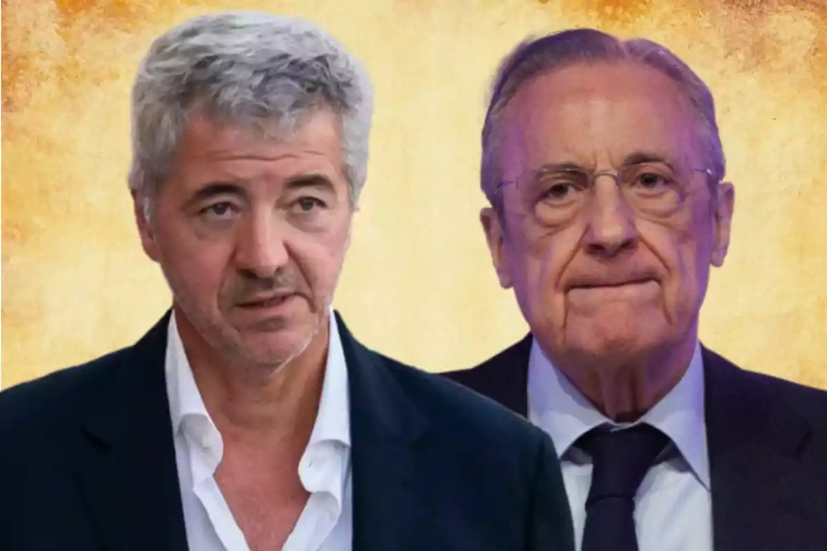 Dos hombres de mediana edad con trajes formales posan frente a un fondo texturizado de color cálido.