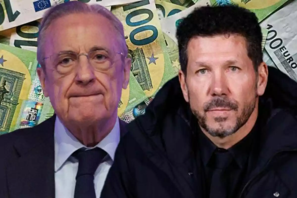 Dos hombres en traje frente a un fondo de billetes de euro.