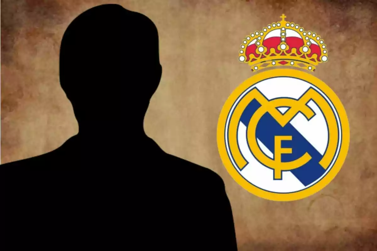 Silueta de una persona junto al escudo del Real Madrid sobre un fondo marrón.