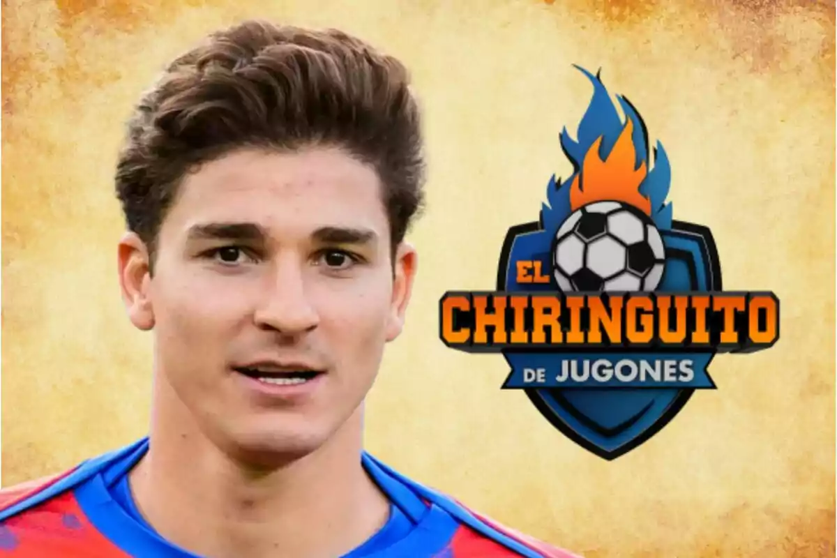 Un hombre con camiseta deportiva roja y azul aparece junto al logo de "El Chiringuito de Jugones" sobre un fondo texturizado.