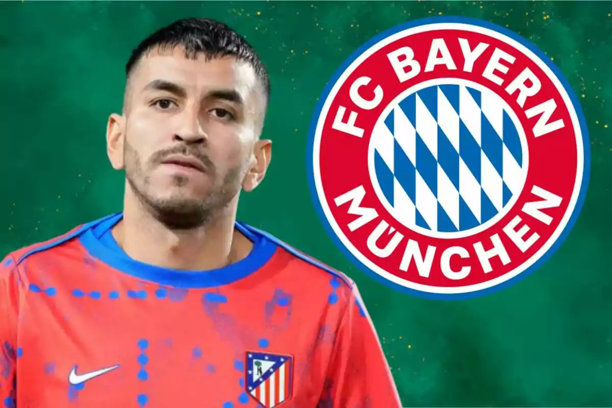 Futbolista con uniforme del Atlético de Madrid junto al escudo del Bayern Múnich sobre un fondo verde