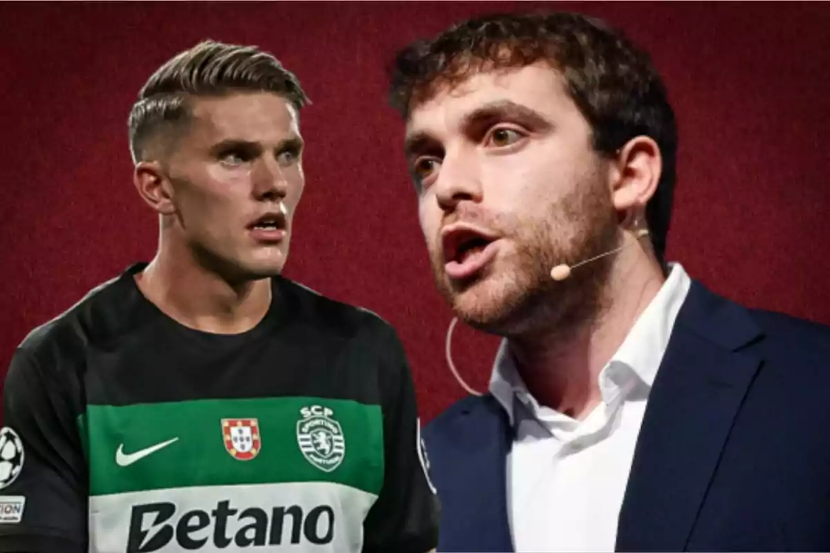 Un futbolista con uniforme del Sporting de Lisboa junto a un hombre con micrófono de diadema sobre un fondo rojo