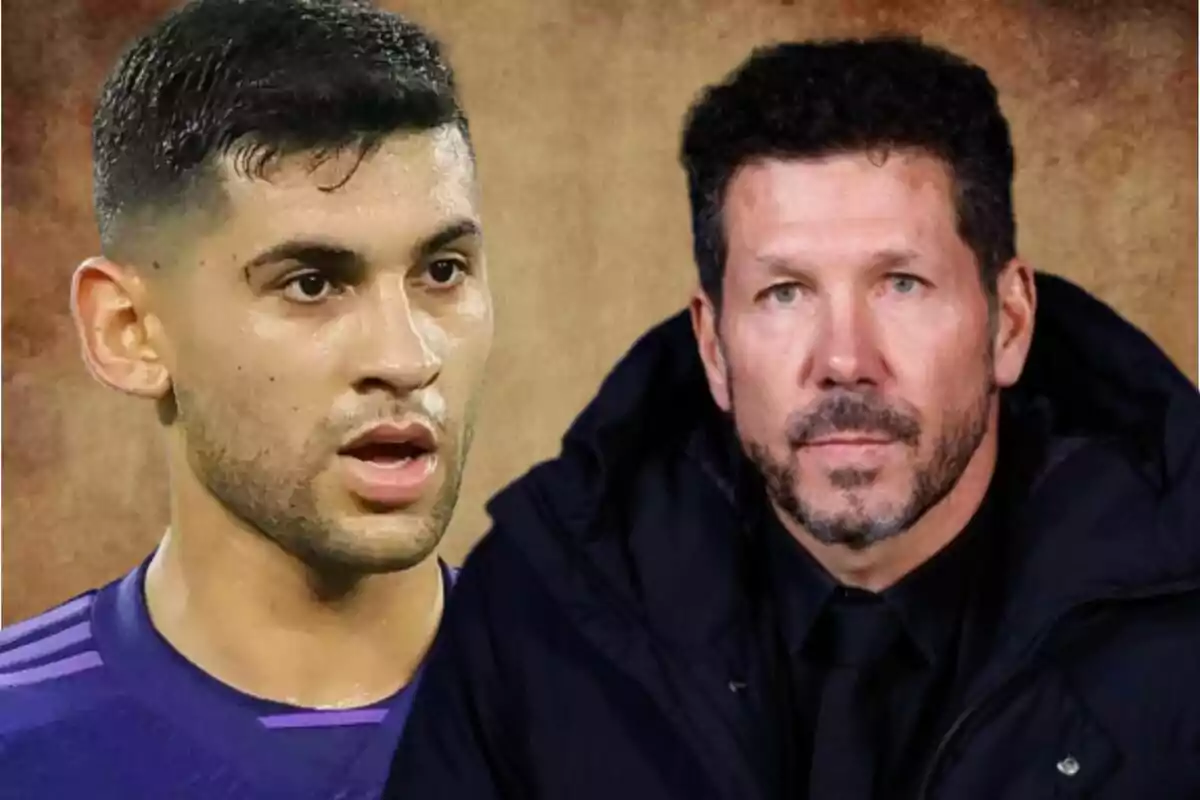 Dos hombres aparecen en primer plano uno con camiseta deportiva y el otro con abrigo oscuro y fondo marrón difuminado