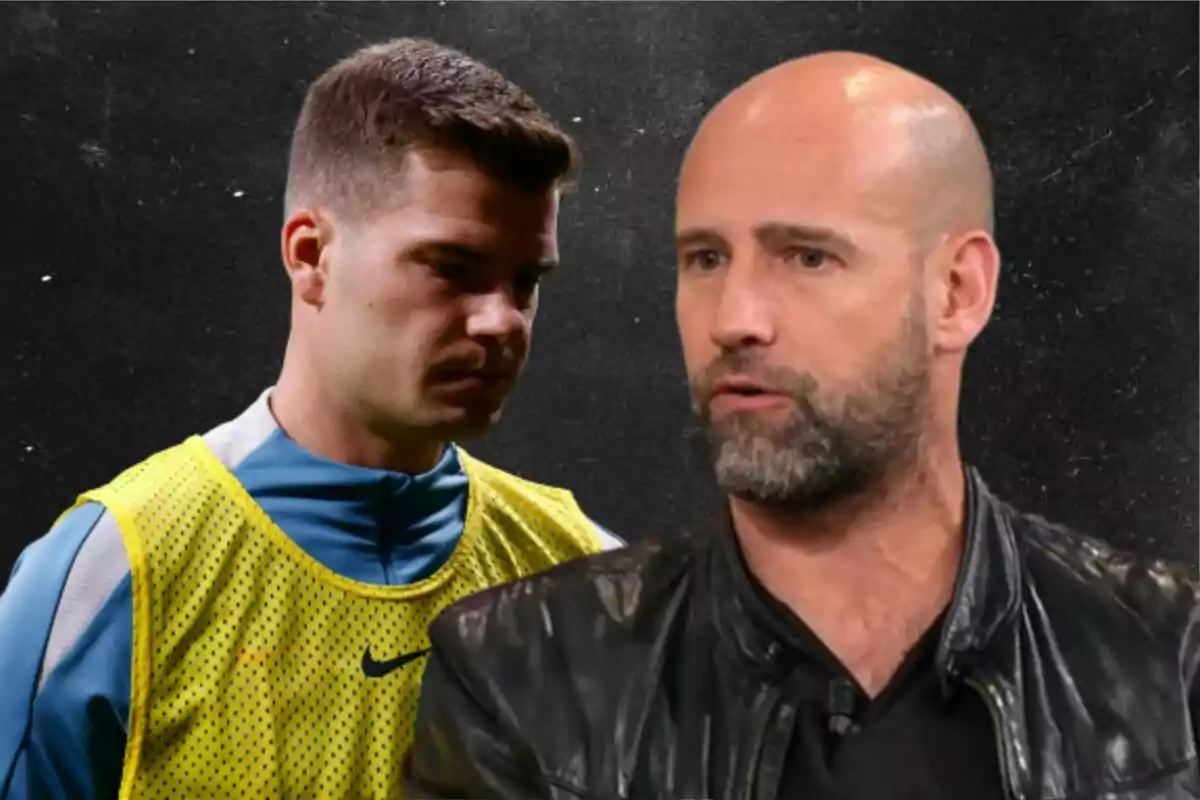 Dos hombres en primer plano, uno con chaleco deportivo amarillo y el otro con chaqueta de cuero negra, sobre un fondo oscuro.