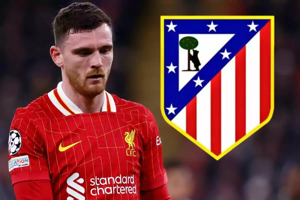 Futbolista del Liverpool con expresión seria y el escudo del Atlético de Madrid al fondo
