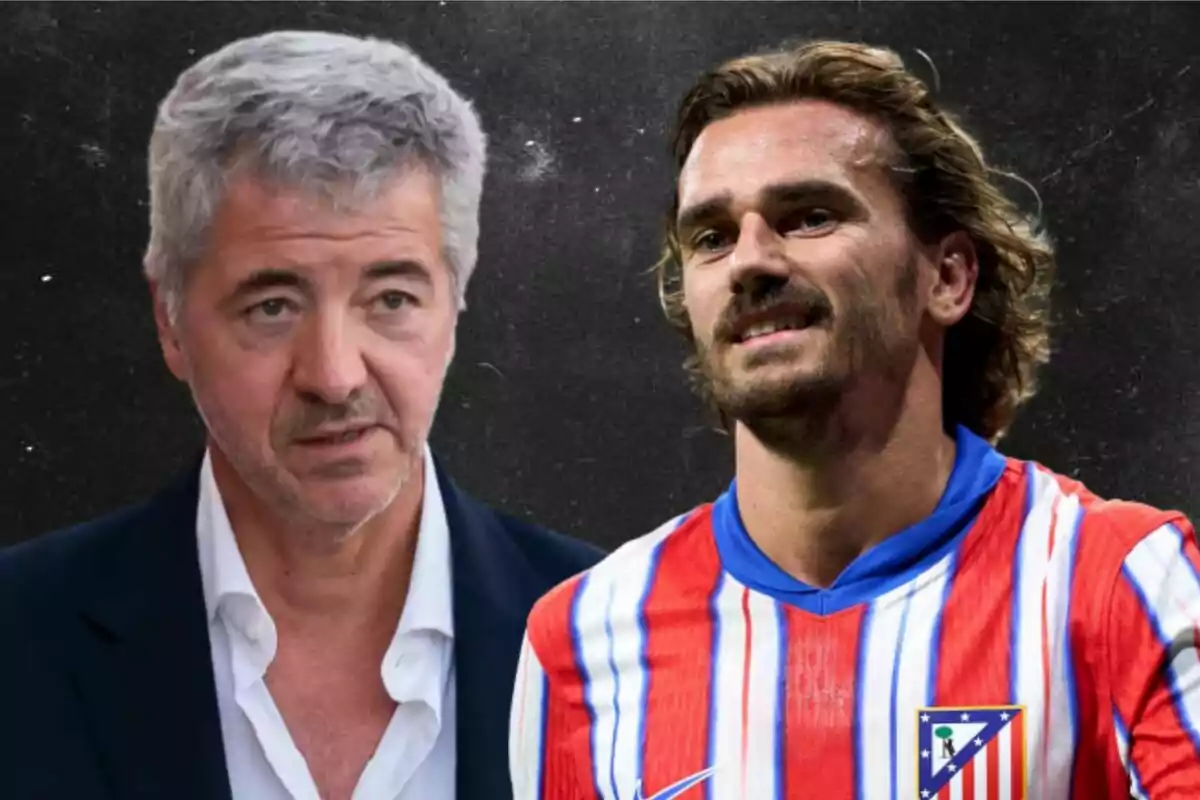 Two men, one with gray hair and the other wearing a red and white striped soccer jersey, against a dark background.