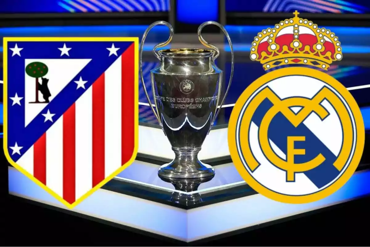 Atlético de Madrid and Real Madrid crests next to the UEFA Champions League trophy.