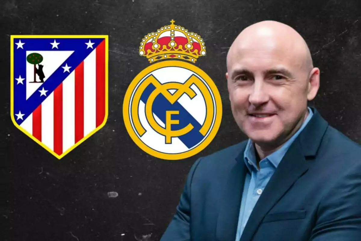 A man in a suit smiles next to the crests of Atlético de Madrid and Real Madrid against a dark background.