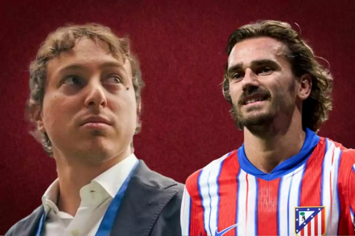 Two men on a red background, one in a suit and the other in an Atlético de Madrid soccer jersey.