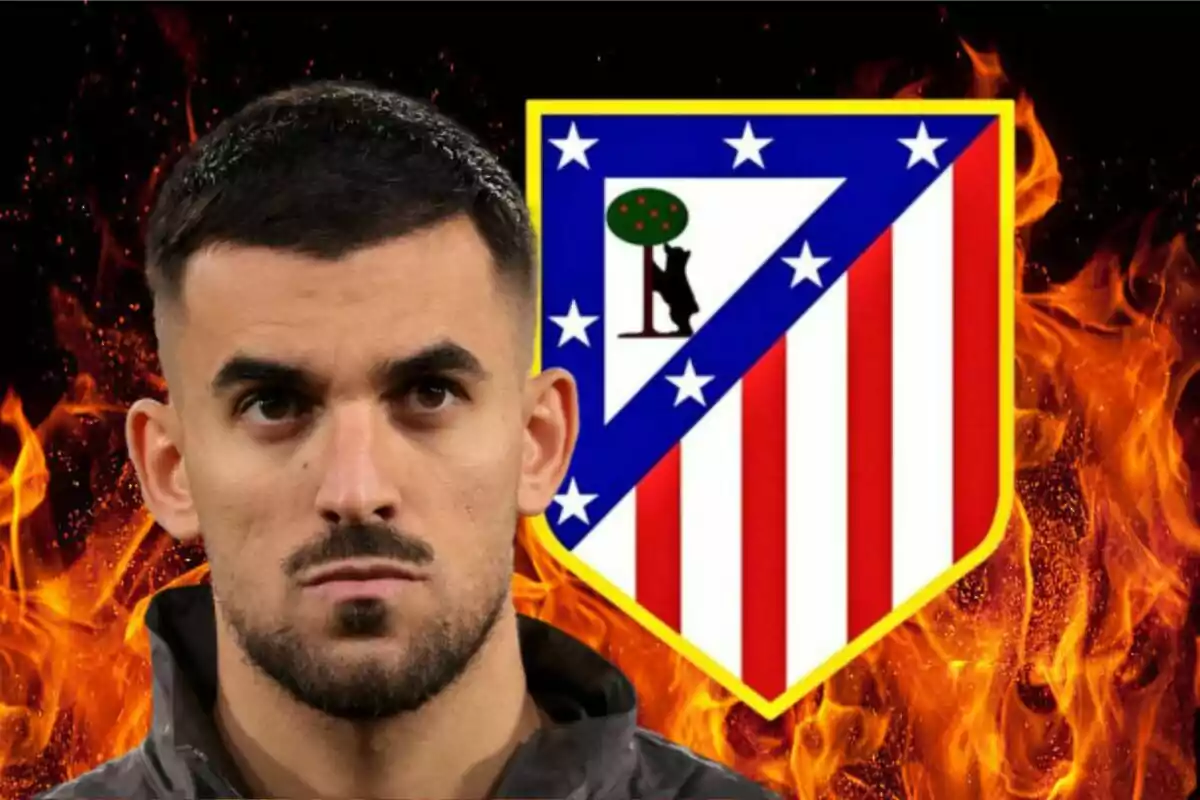 A man with a serious expression in front of the Atlético de Madrid crest with a background of flames.