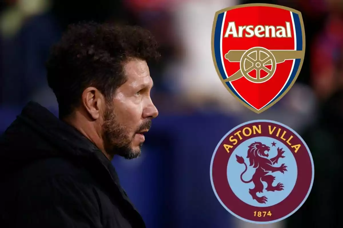 Un hombre de perfil con los logotipos de los equipos de fútbol Arsenal y Aston Villa.