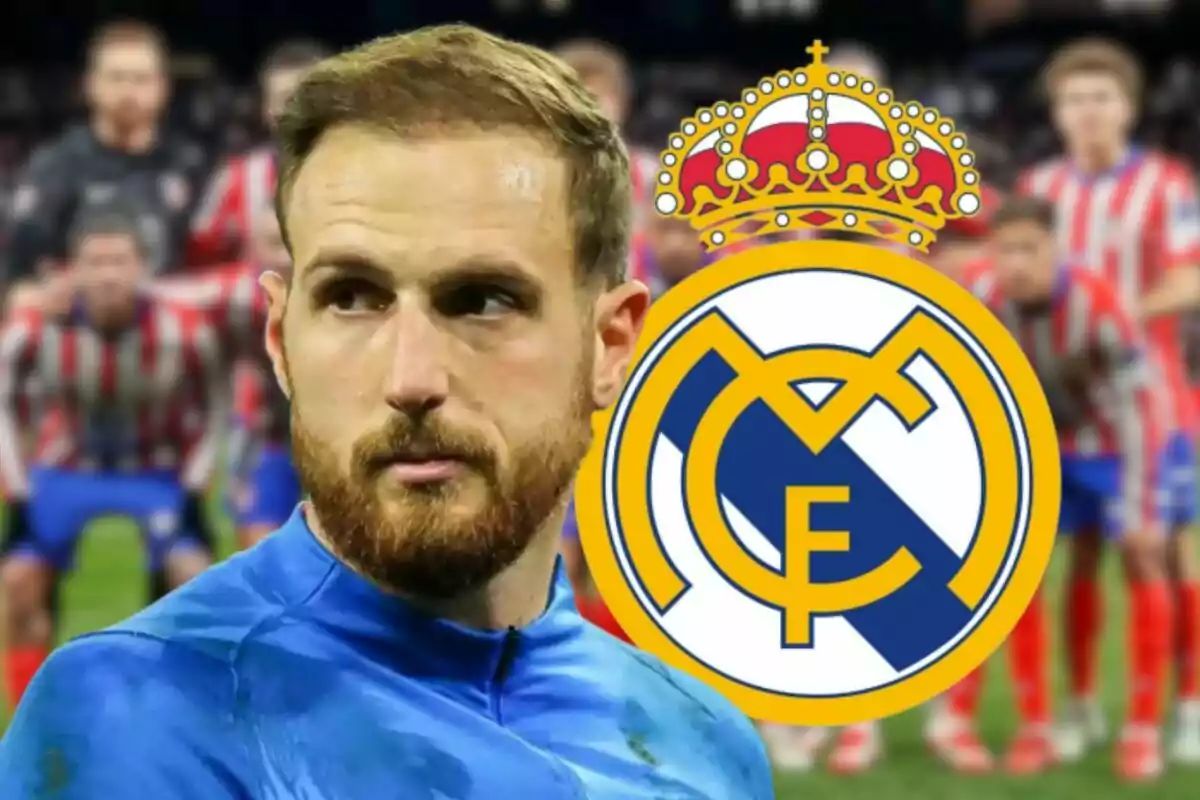 Un jugador de fútbol con uniforme azul aparece en primer plano con el escudo del Real Madrid superpuesto, mientras que al fondo se ve un equipo con uniformes a rayas rojas y blancas.