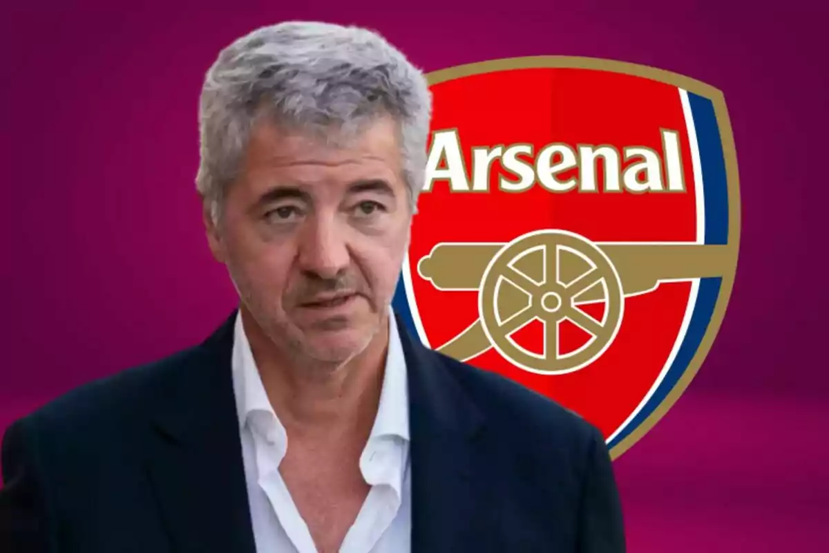 A gray-haired man with a stubbly beard and a serious expression is in front of an Arsenal crest on a purple background.