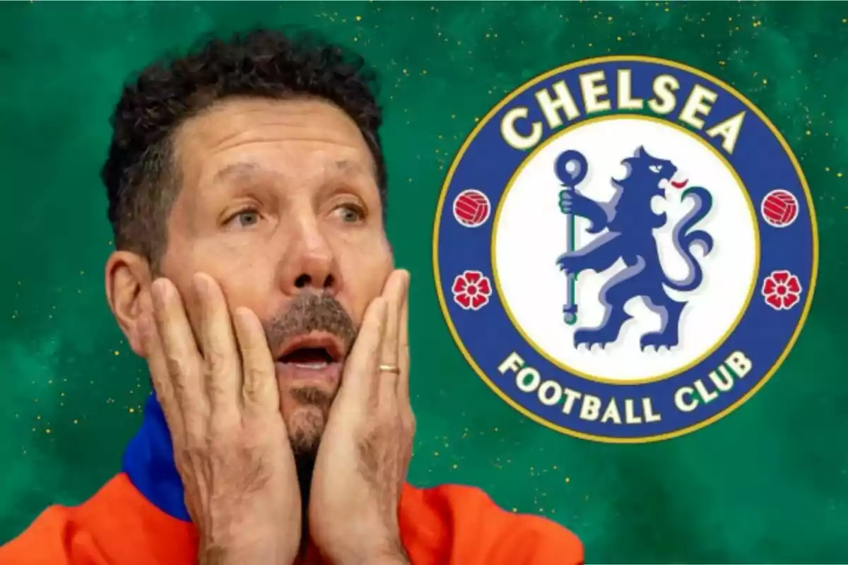 A man with a look of surprise or concern in front of the Chelsea Football Club logo.