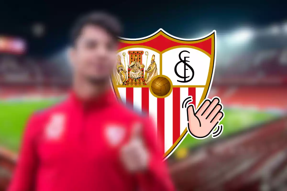 Montaje Óliver Torres con el escudo del Sevilla, el emoji de una mano y el Pizjuan difuminado de fondo