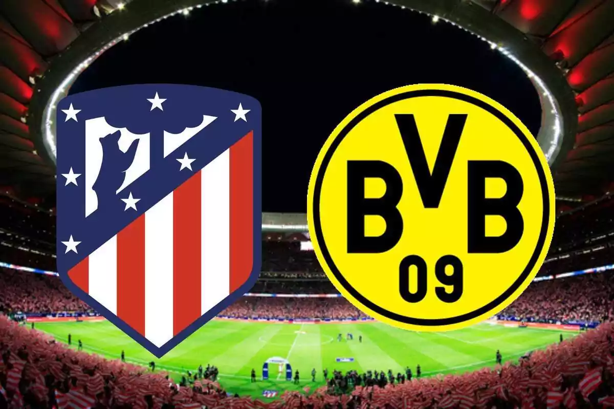 Imagen del Metropolitano en un montaje con los escudos del Atlético de Madrid y el Borussia Dortmund