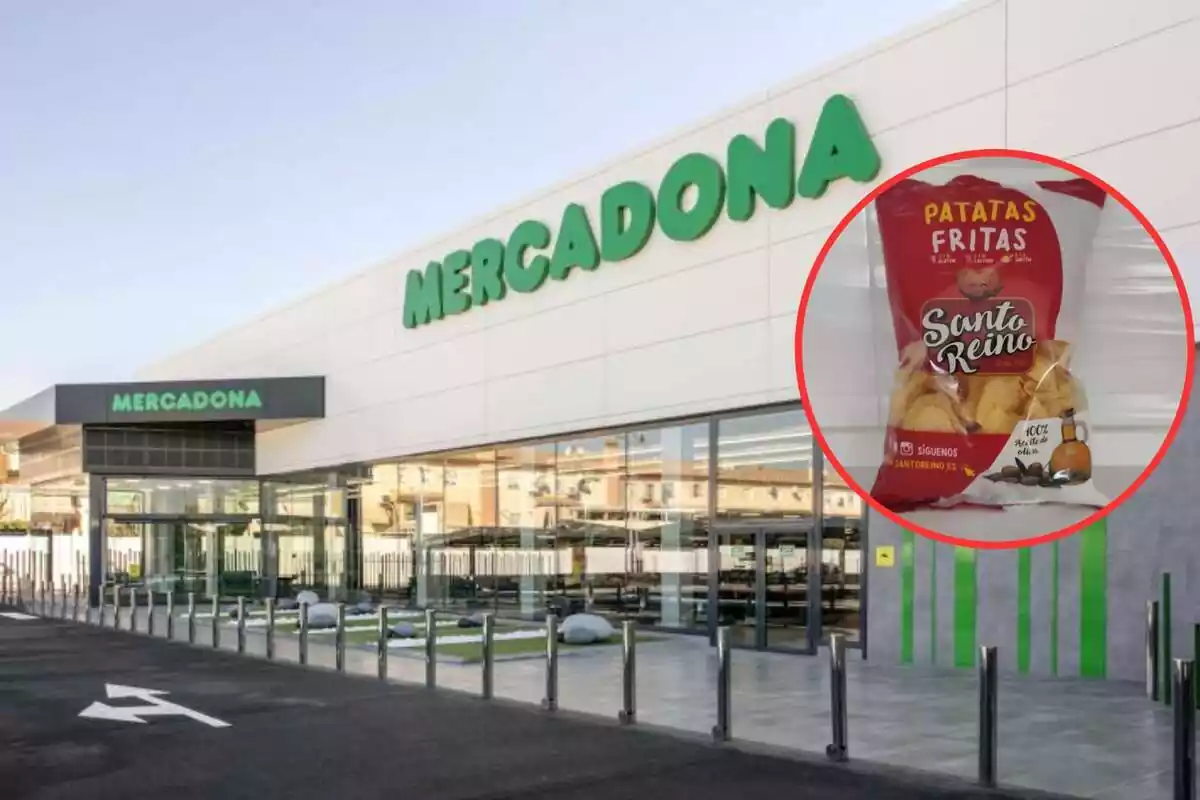 patatas fritas santo reino de Mercadona con supermercado detrás