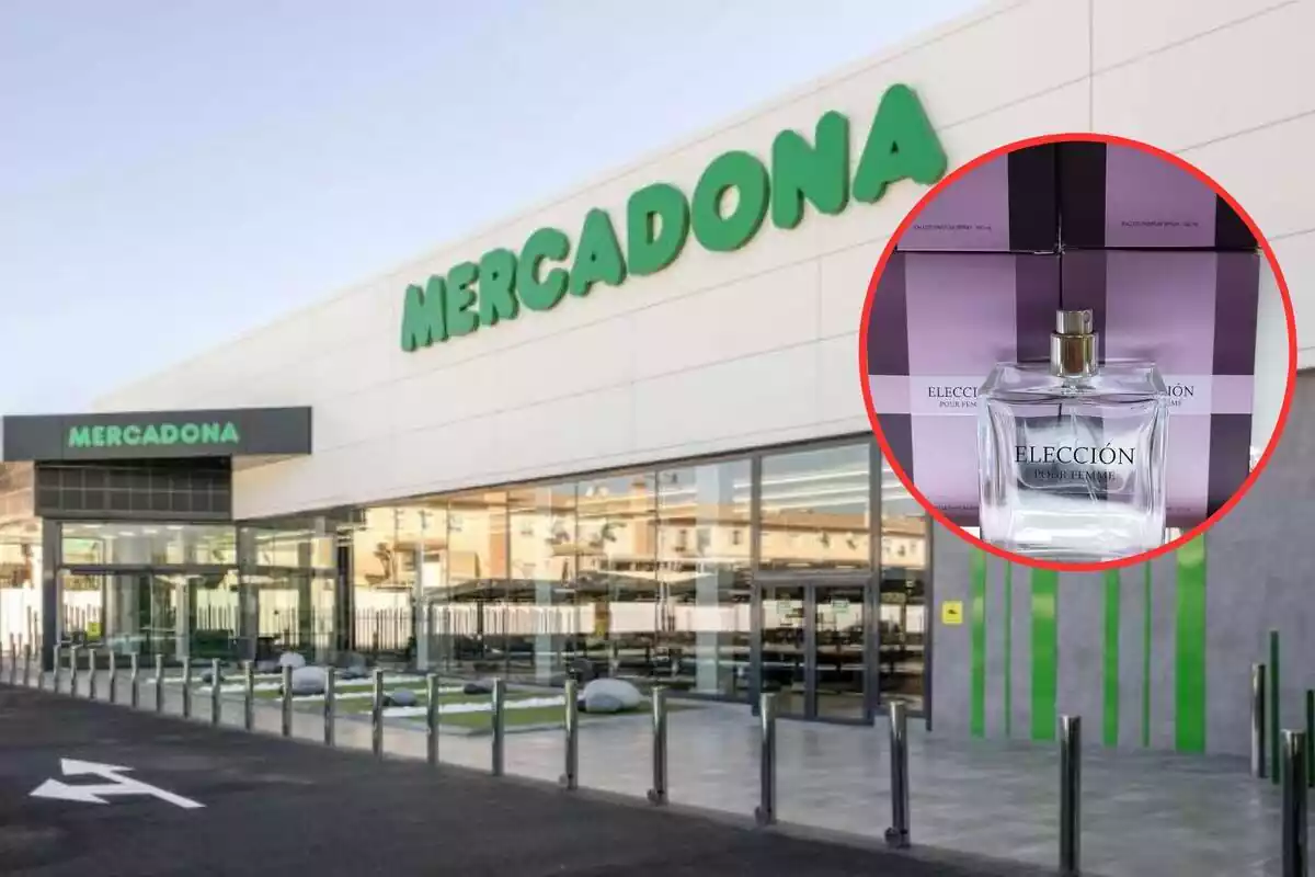 Montaje foto supermercado Mercadona al fondo con perfume eleccion