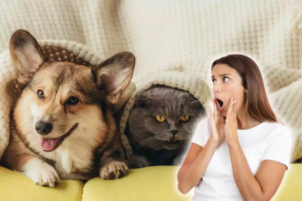 A surprised woman watches a dog and cat snuggled under a blanket. A surprised woman watches a dog and cat snuggled under a blanket.
