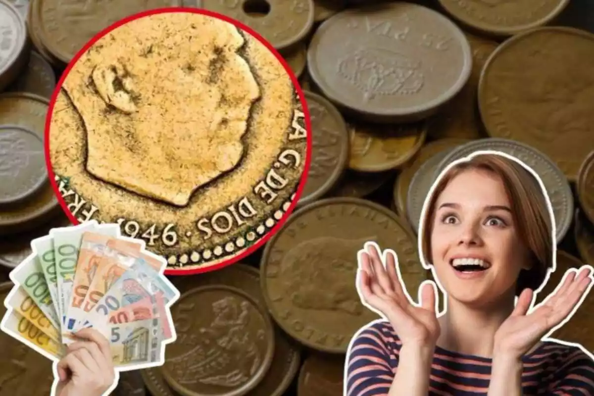 Imagen de fondo de varias pesetas, otra de la peseta de 1946 de Benlliure y otra de una mano con billetes de euros y una mujer sorprendida