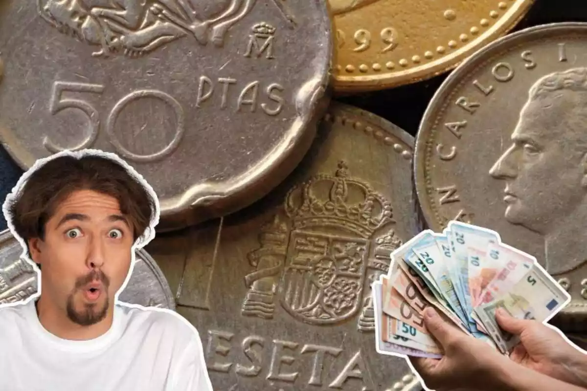 Imagen de fondo de varias monedas de pesetas y otra de un hombre con gesto sorprendido y otra de una persona con billetes de euros en las manos