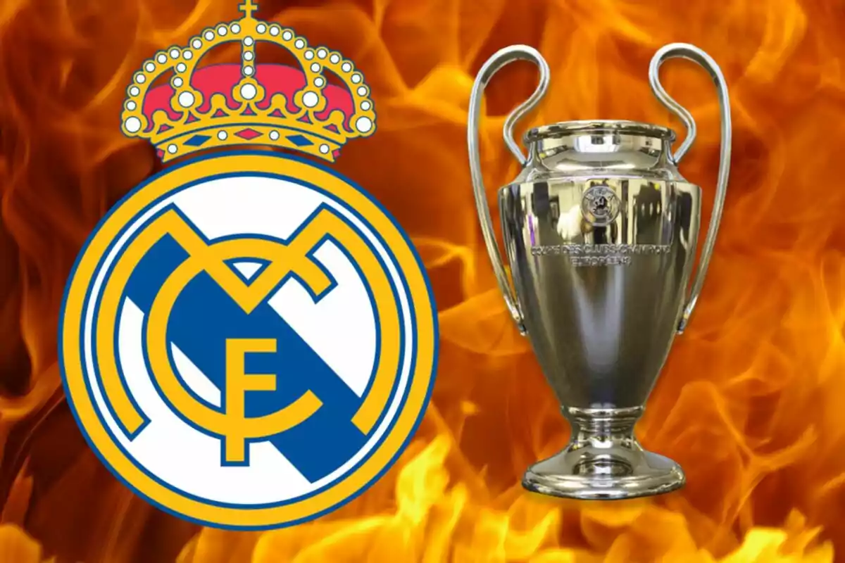 Imagen del escudo del Real Madrid junto a la Copa de la Liga de Campeones de la UEFA con un fondo de llamas.