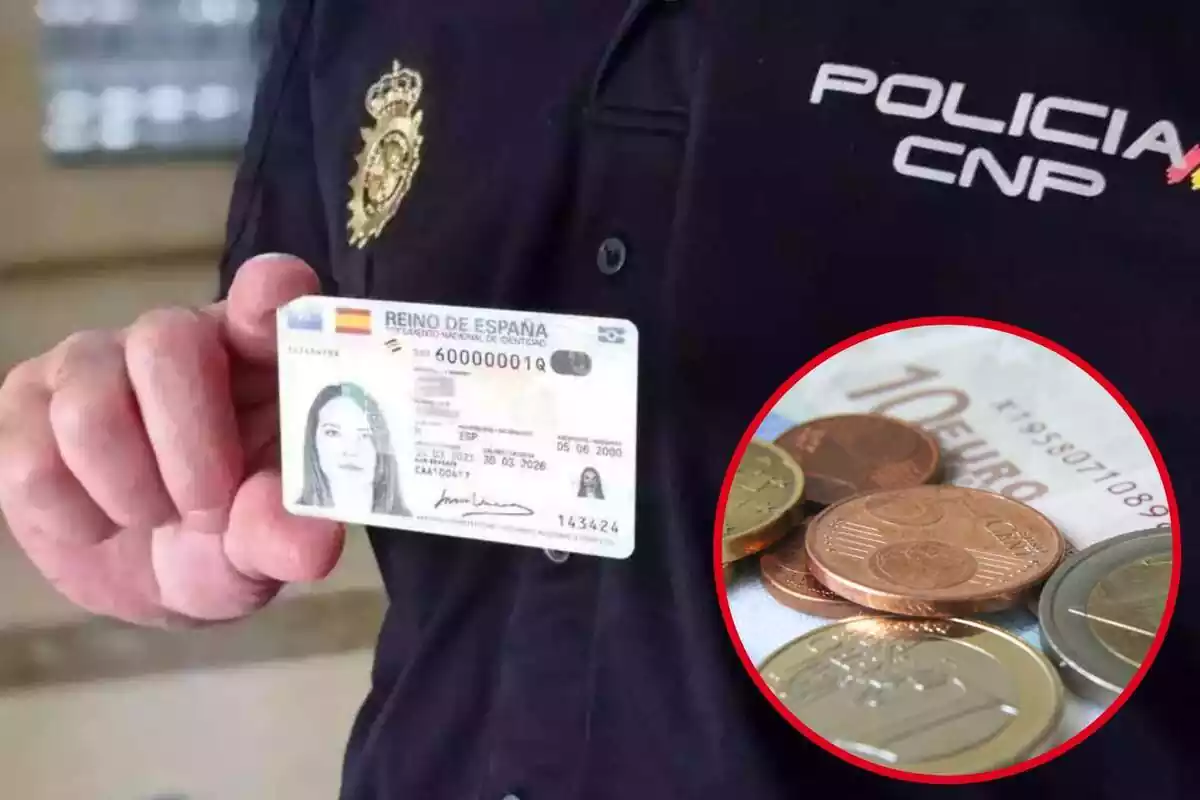 Imagen de fondo de un agente de la Policía Nacional con un DNI de muestra en la mano y otra imagen de varias monedas de euro y un billetes de 10