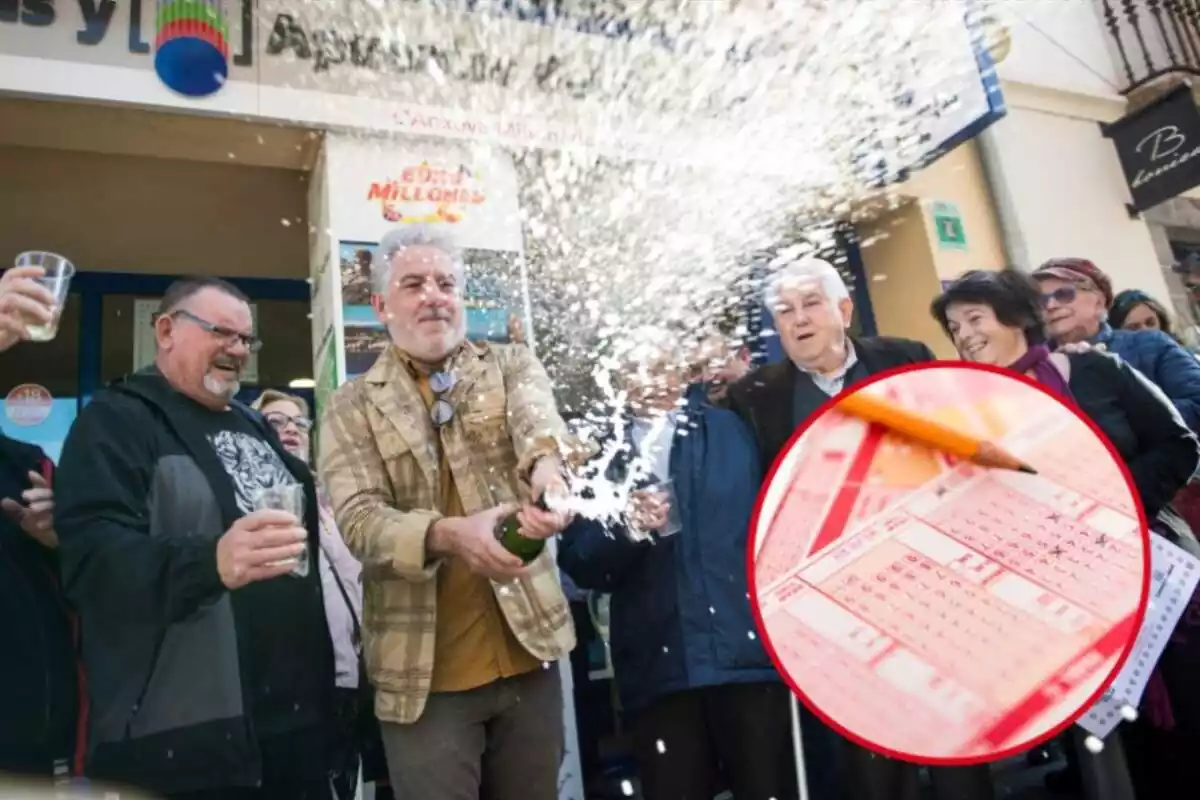 Montaje con personas celebrando premio de la Lotería y círculo rojo con números de sorteo