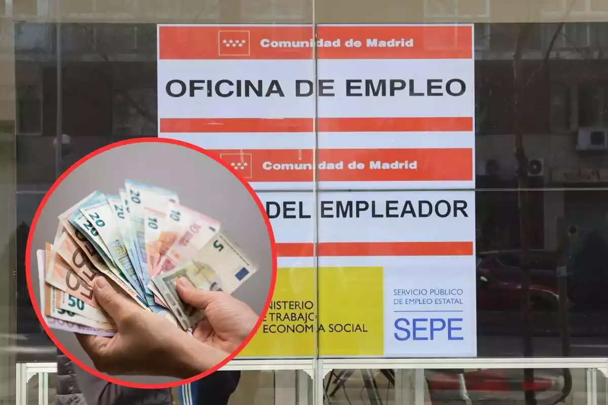 Montaje con oficina del SEPE y círculo rojo con manos sosteniendo billetes de euro