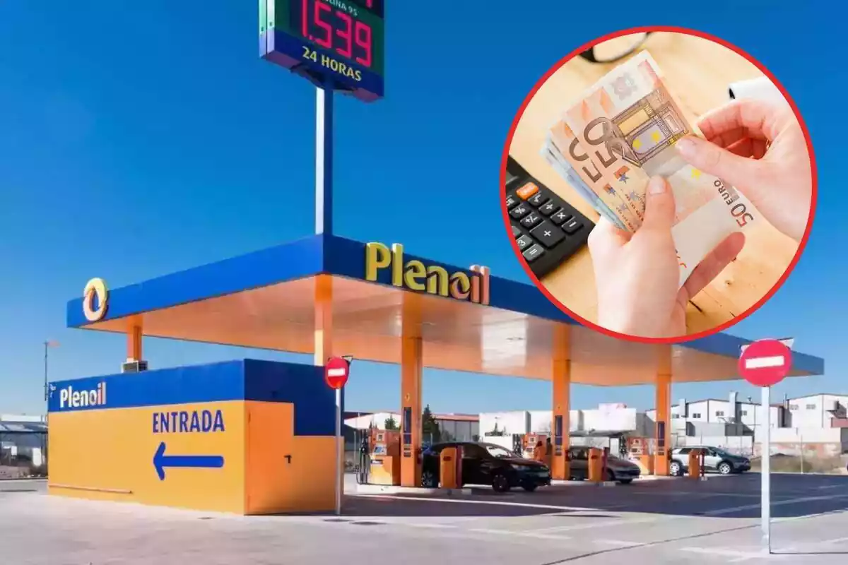 Montaje con gasolinera Plenoil y círculo rojo con persona sujetando billetes de euro