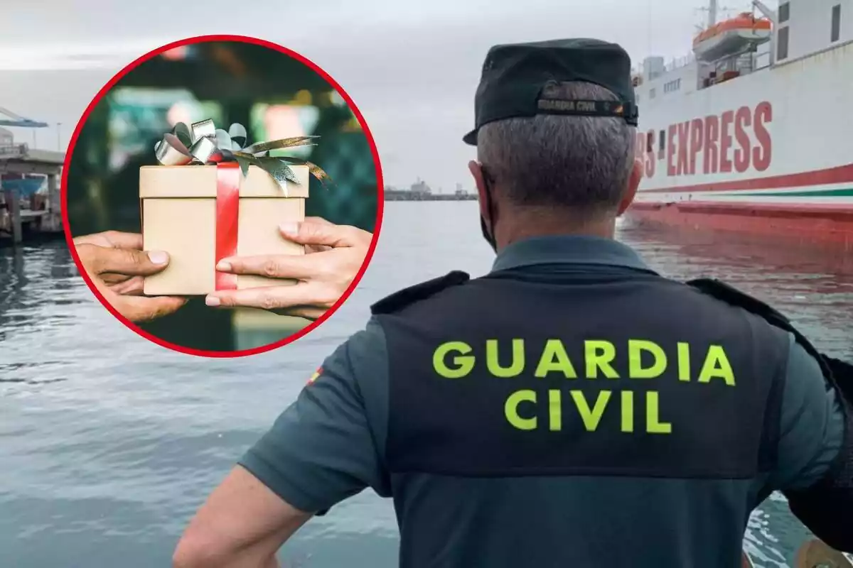 Montaje con Guardia Civil y círculo rojo con dos personas sujetando un regalo