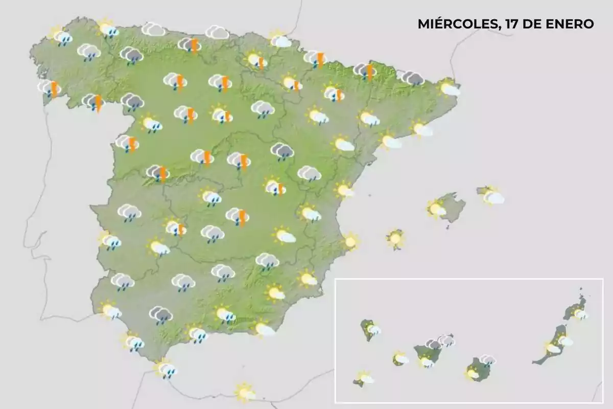 Mapa de la AEMET con la previsión para el martes 17 de enero de 2024 Mapa de la AEMET con la previsión para el martes 17 de enero de 2024