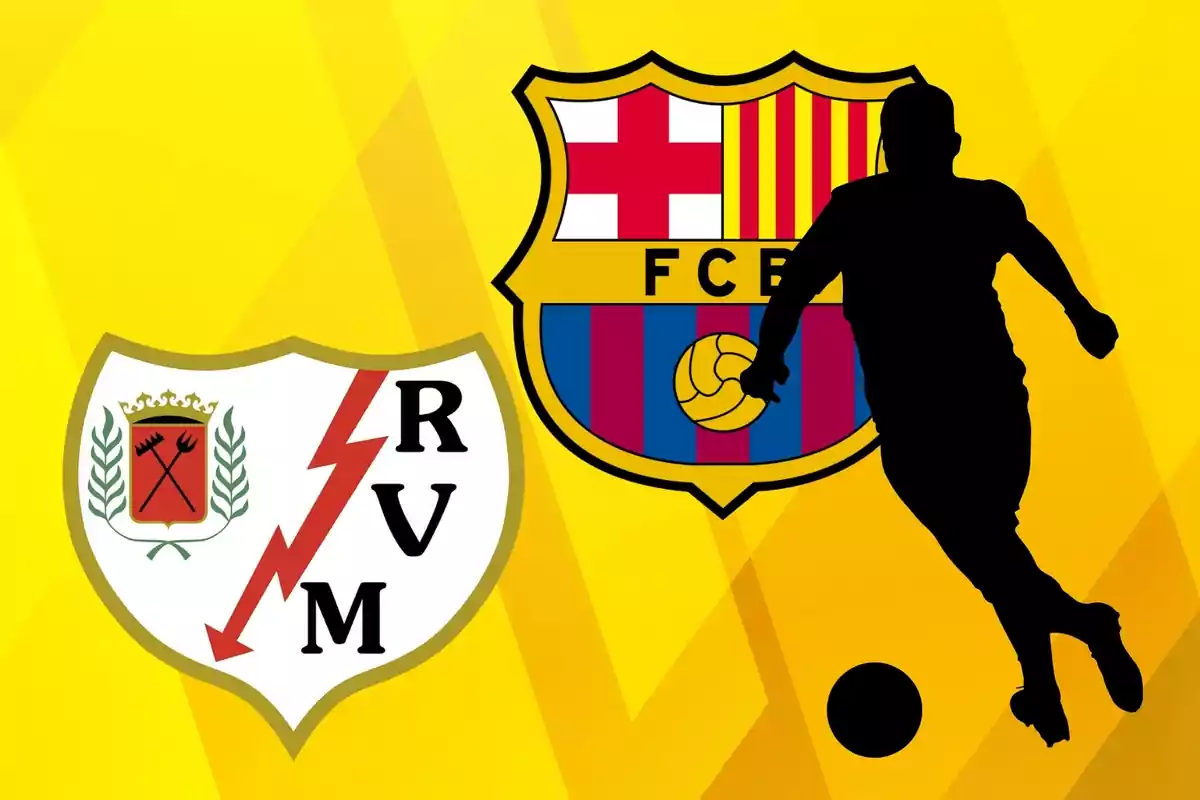 Escudos de los equipos de fútbol Rayo Vallecano y FC Barcelona con la silueta de un jugador en un fondo amarillo.