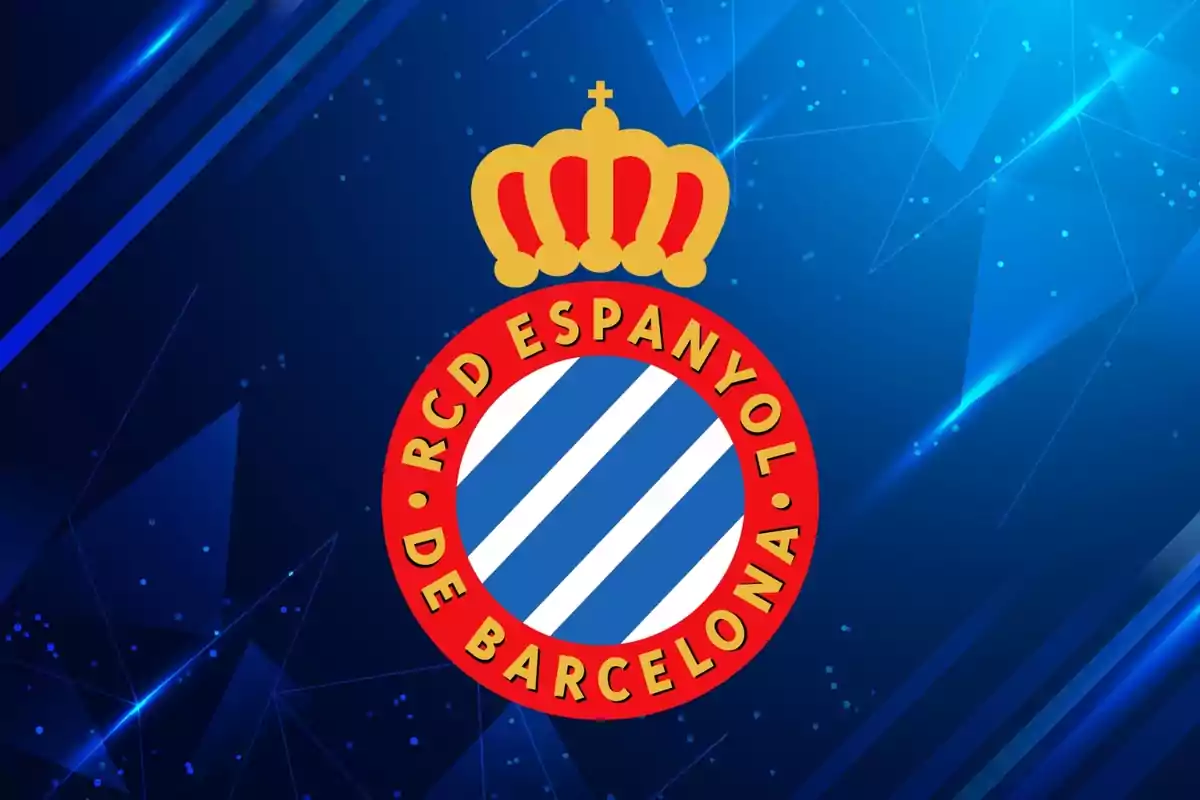 Escudo del RCD Espanyol de Barcelona sobre un fondo azul con patrones geométricos y destellos.