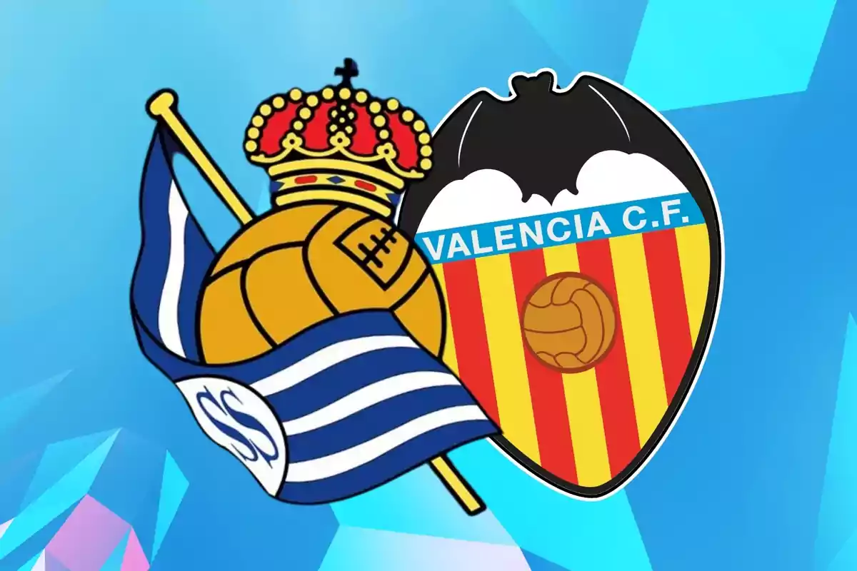 Escudos de la Real Sociedad y el Valencia C.F. sobre un fondo azul geométrico.