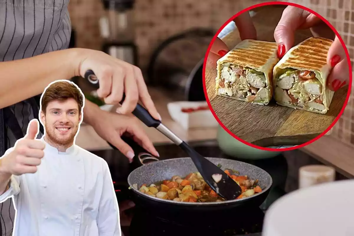 Imagen de fondo de una persona cocinando con una sartén, otra imagen de un hombre vestido de cocinero y una última imagen de un wrap de pollo y verduras partido por la mitad