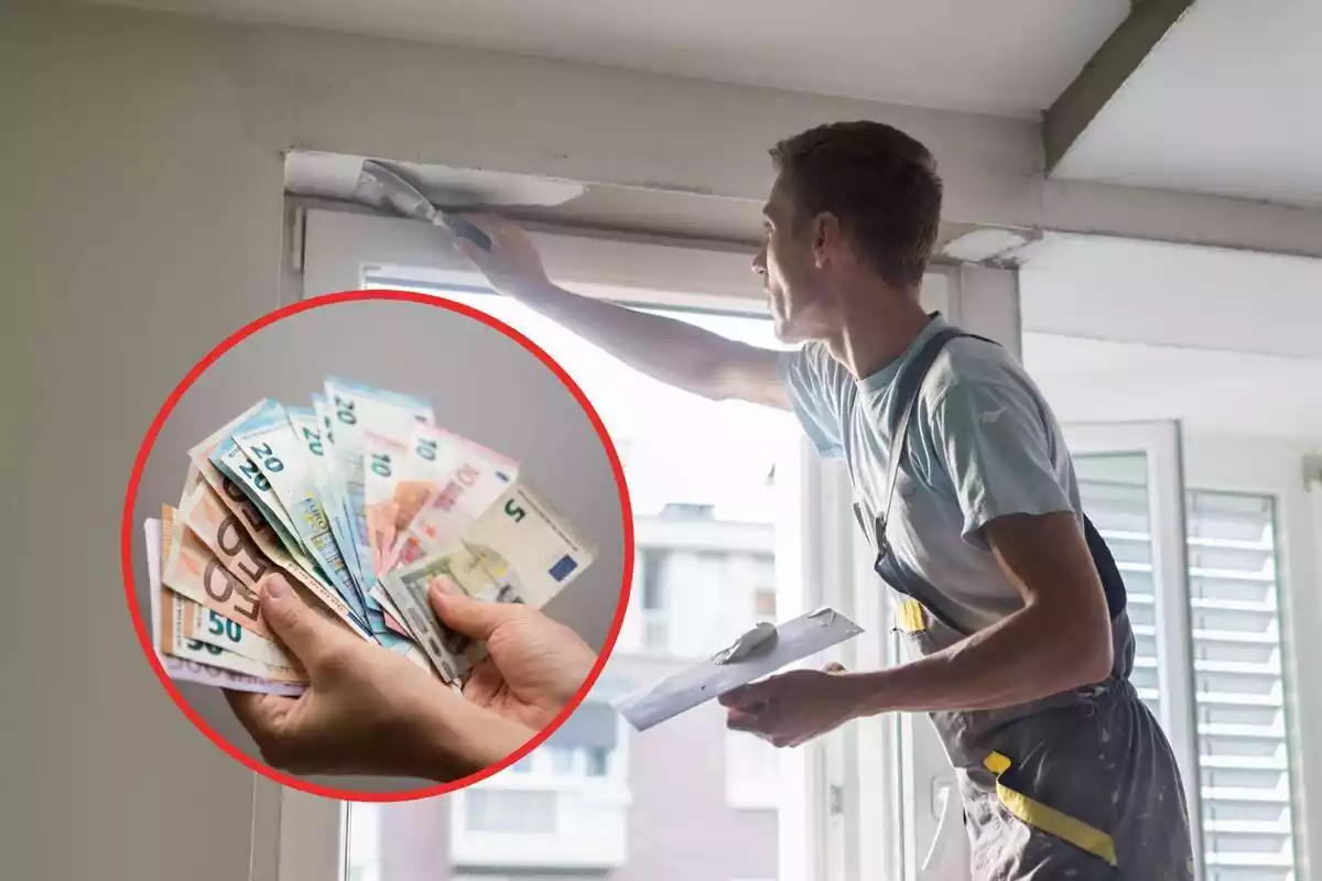 Un paleta reformando una casa al lado de la ventana y unos billetes de euros en la mano